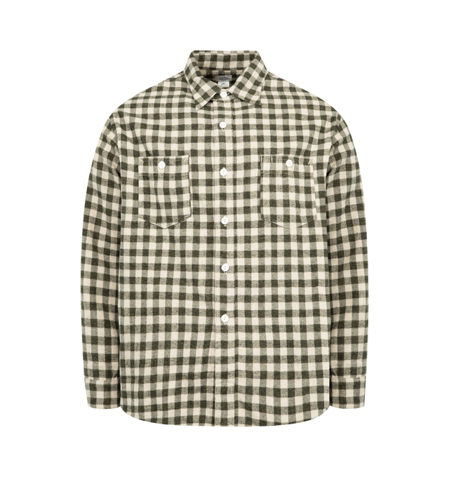 Image 1 of 2 - GREY - POST O'ALLS St. Louis Cotton Flannel Shirt featuring a chin strap at the neck, a pen slot on the left chest, gussets at both sides of the hem, plaid print, button closure, long sleeves and two chest patch pockets with buttons. 100% cotton. Made in Japan.