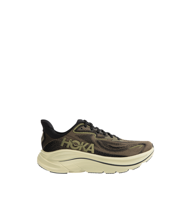 Image 1 of 5 - BROWN - HOKA Clifton 10 Sneaker featuring jacquard knit, reflective upper details, smooth MetaRocker, rearfoot-focused Active Foot Frame, CMEVA midsole, molded EVA sockliner and inherently durable abrasion rubber.