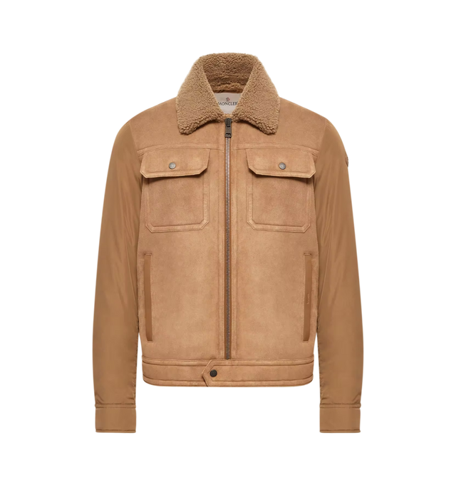 Image 1 of 1 - NEUTRAL - Moncler Men's Zerique Shearling & Suede Short Down Jacket is crafted from lightweight AirSoft fabric and features a suede yoke with a plush long-haired shearling collar for a refined contrast of textures. Designed in a regular, straight fit, this designer puffer jacket is down-filled and finished with a zip-front closure, snap-button patch pockets, and a signature Moncler logo patch. Outer Back and Sleeves: 100% Polyester. Back and Sleeve Lining: 100% Polyamide/Nylon. Padding: 90% D