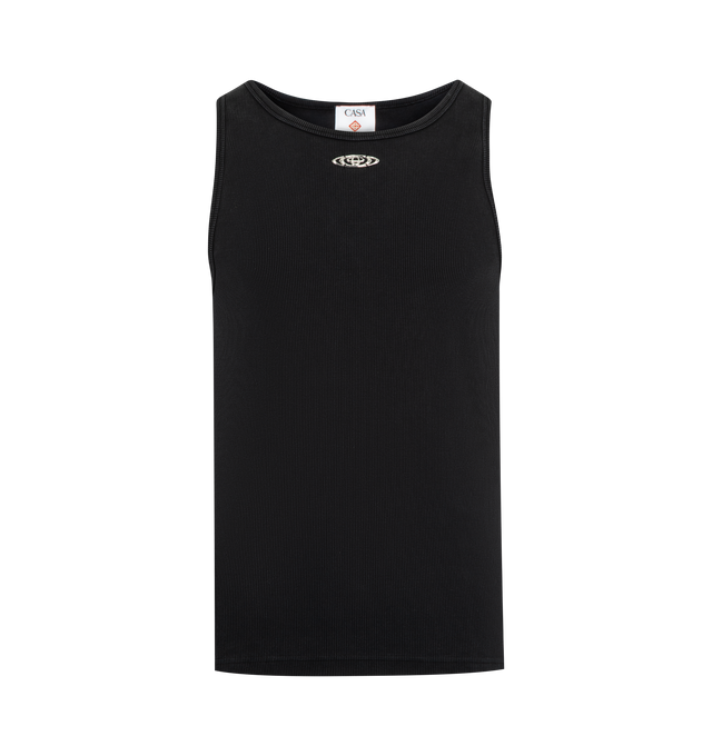 Image 1 of 2 - BLACK - CASABLANCA Ribbed Tank Top featuring sleeveless design, logo at its center, scoop neck and slim fit. 98% organic cotton 2% elastane.