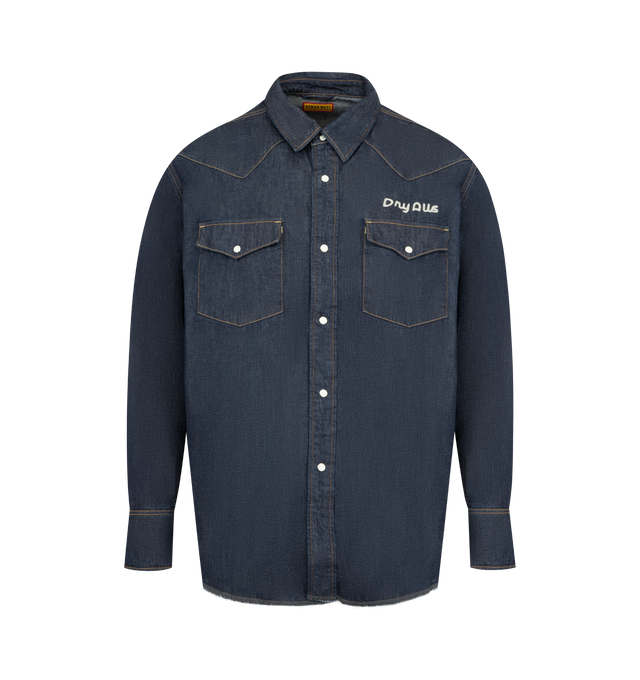 Image 1 of 2 - BLUE - HUMAN MADE Denim Western Shirt featuring regular fit, chain embroidery graphics, "DRY ALLS" embroidery above the left chest pocket, western-style flap pockets on both chests, pearl dot button with logo and triple-button arrangement on the cuffs. 100% cotton.