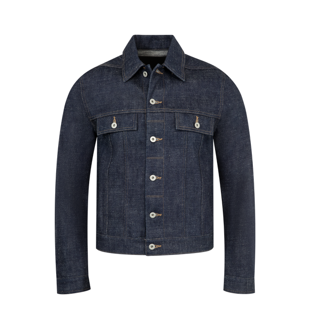 Image 1 of 2 - BLUE - DRKSHDW Trucker Jacket featuring front button closure, classic collar, two chest pockets with flaps and buttons, side seam pockets and long sleeves with button cuffs. 100% cotton.