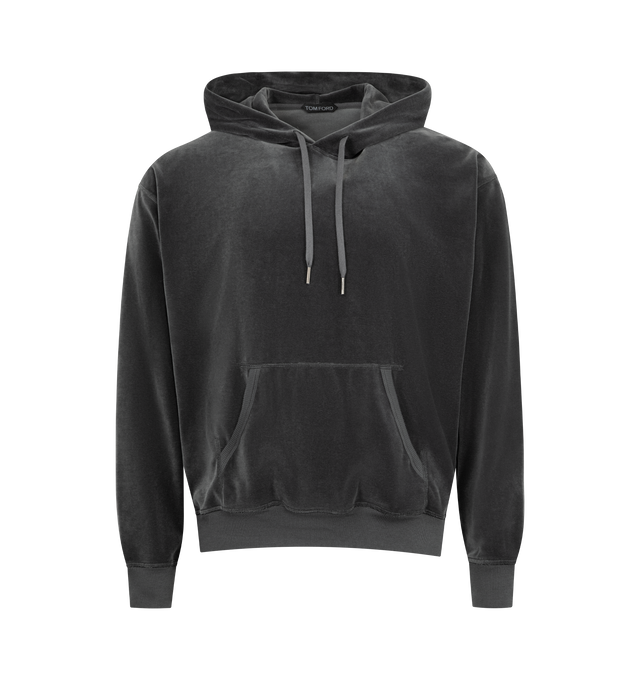 Image 1 of 2 - GREY - TOM FORD Velour Hoodie featuring drawstring hood, pouch pocket and ribbed trims. 80% cotton, 18% polyamide, 2% elastane.