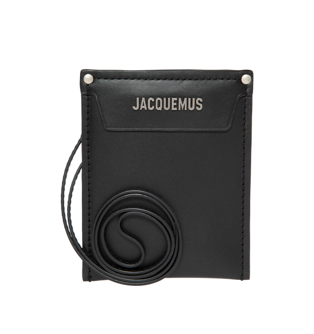 Image 1 of 3 - BLACK - JACQUEMUS Le Porte Poche Meunier featuring smooth leather rectangular wallet, triple pocket on the back, zip closure on the back, silver plated hardware, embossed logo, topstitched seams and detachable strap tied to a silver metal D-ring. 12 x 15 cm. 100% cow leather. Lining: 100% cotton. Made in Spain.  