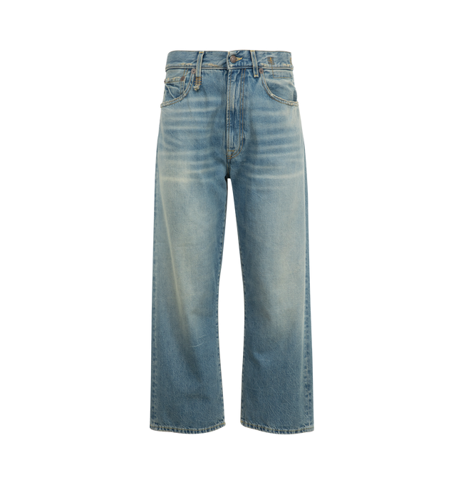 Image 1 of 3 - BLUE - R13 X-BF Jean featuring wide, slouchy leg, built with 13 oz. rigid denim with a medium indigo wash and mild wear pattern. 100% cotton.