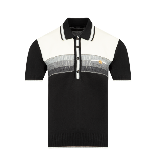 Image 1 of 2 - BLACK - AMIRI MA Striped Polo in viscose fabric featuring classic polo collar, chest gold-tone metallic logo, chest patch detail, short sleeves and straight hem. 100% viscose.