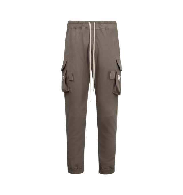 Image 1 of 3 - BROWN - RICK OWENS Mastodon Cut Cargo Pants featuring drawstring at elasticized waistband, four-pocket styling, button fly, cargo pocket at outseams, dropped inseam and rib-knit cuffs. 100% cotton. Made in Italy.