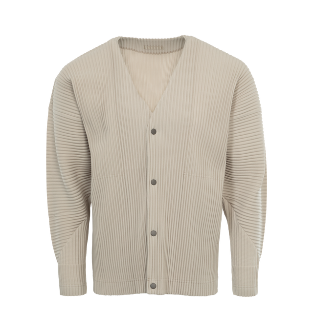 Image 1 of 3 - NEUTRAL - ISSEY MIYAKE Cardigan featuring garment-pleated polyester, V-neck, press-stud closure, seam pockets and dolman sleeves. 100% polyester. Made in Philippines. 