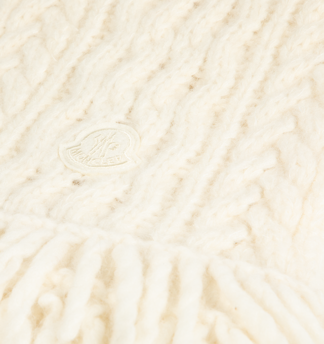 Image 2 of 2 - WHITE - MONCLER Tricot Scarf featuring an alpaca, nylon, wool and mohair blend, cable and Aran stitch, gauge 3 and logo patch. 39% alpaca, 25% polyamide/nylon, 22% wool, 14% mohair. Made in Italy.