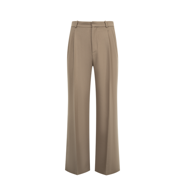 Image 1 of 4 - BROWN - THE ROW Oberyn Pant featuring mid-rise tailored trouser in lightweight virgin wool and cashmere twill with wide leg, pressed front and back creases and slanted side pockets. 88% wool, 12% cashmere. Lined in 100% cotton. Made in Italy.