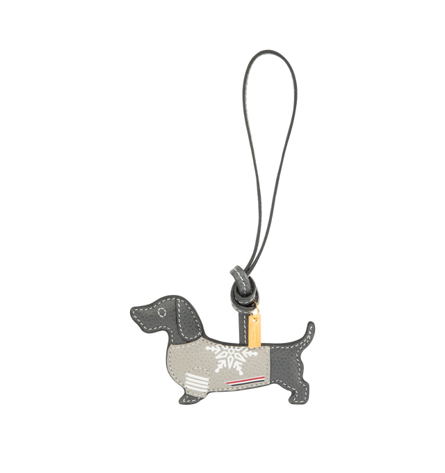 Image 1 of 2 - GREY - THOM BROWNE Hector in Sweater Leather Bag Charm featuring full-grain calfskin leather. Made in Italy.