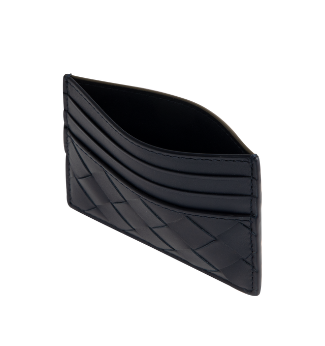 Image 3 of 3 - BLUE - BOTTEGA VENETA Intrecciato Credit Card Case featuring intrecciato calfskin leather with contrasted back, six card slots, one central pocket. 3.1 x 4.1 x 0.2. Made in Italy.