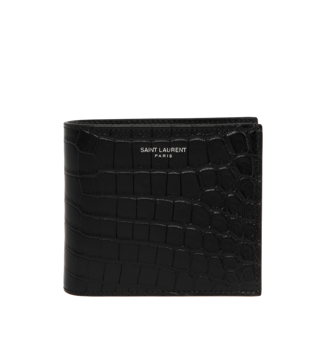 Image 1 of 3 - BLACK - Saint Laurent YSL Monogram Wallet is crafted in leather with a crocodile embossed design, a metal YSL in the corner, 2 bill compartments, 8 card slots, and 2 receipt pockets. 3.7 H x 4.3 W x 0.9 D inches. 100% leather. Made in Italy.