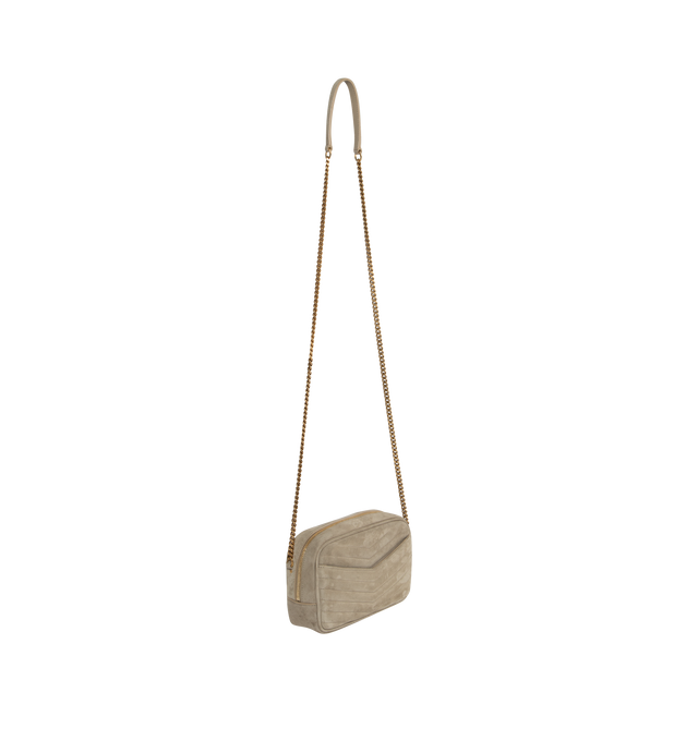 Image 2 of 3 - NEUTRAL - SAINT LAURENT Lou Mini Bag in Suede featuring zip closure, leather and chain shoulder strap, one flat pocket at the back, one main compartment and 3 card slots. 7.5 X 4.1 X 2 inches. Strap drop: 22.4 inches. 70% calfskin leather, 30% metal.  