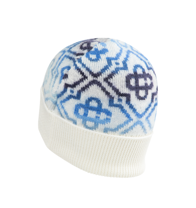 Image 2 of 2 - WHITE - CASABLANCA Space Dye Monogram Merino Beanie featuring signature monogram in a blue gradient on the crown, a ribbed brim and the house's signature diamond logo at its centre. 74% wool, 12% polyamide, 7% mohair, 7% alpaca. Made in Italy.
