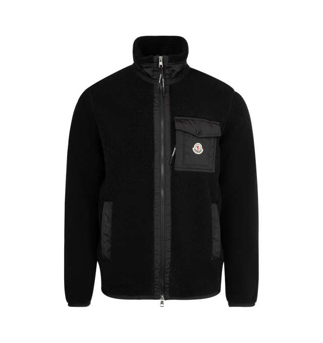 Image 1 of 3 - BLACK - MONCLER Teddy Zip-Up Sweatshirt with Pocket featuring nylon trim, zipper closure, zipped pockets, nylon chest pocket with snap button closure and elastic cuffs and hem. 100% polyester. 100% polyamide/nylon. Made in Romania.