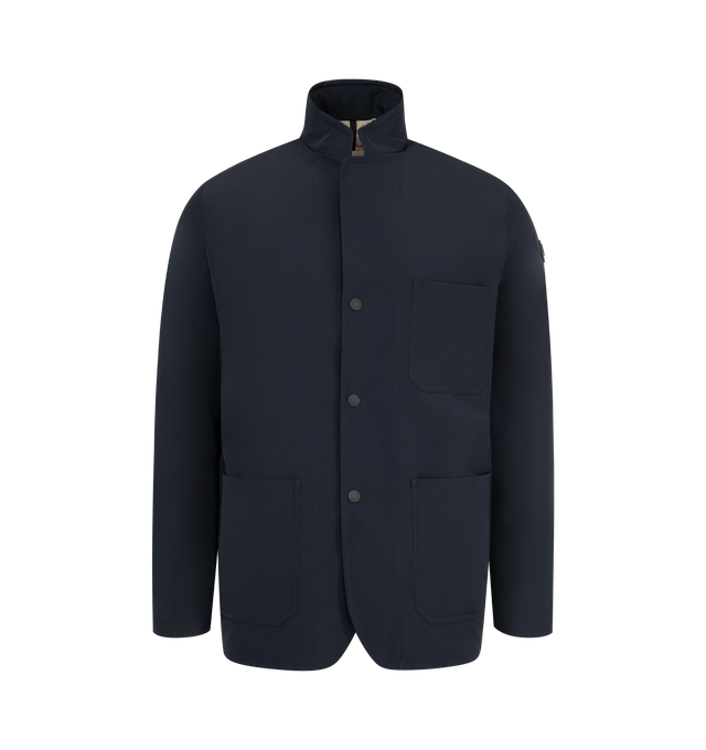 Image 1 of 4 - NAVY - Moncler Monges Jacket has a band collar, a snap button front closure, snap button cuffs, front patch pockets, and a chest patch pocket. 90% down, 10% feathers. 100% polyester.
