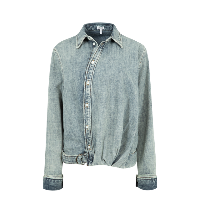 Image 1 of 3 - BLUE - Loewe Shirt in lightweight cotton denim featuring an asymmetric silhouette and a twisted construction with draping on one side. Regular fit, regular length, button front fastening, buttoned French cuffs, partially concealed belt with LOEWE engraved D-ring, Anagram embroidery placed at the back. Made in Italy.