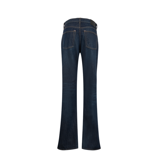Image 2 of 3 - BLUE - Acne Studios Women's 2009F Deep Dive Jeans are crafted from dark natural indigo-blue non-stretch denim and feature subtle whiskering, light scraping, and stained detailing for an authentic worn-in effect. Designed in the brands 2009 fit, the jeans are cut to a regular fit with a mid-to-low rise, slim leg, and long length. A classic five-pocket construction and button fly complete the design. Made from organically grown cotton. Main Material: 100% Cotton. Patch: 100% Cow Leather.
