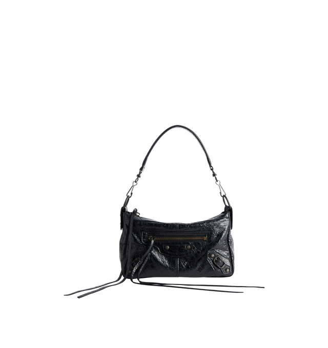 Image 1 of 4 - BLACK - BALENCIAGA Le City Moto Mini Bag in Arena lambskin featuring one removable shoulder strap, adjustable and removable crossbody strap, crossbody and shoulder carry, zipped closure with knotted leather puller, front zipped pocket with knotted leather puller, 1 main compartment, 1 inner zipped pocket and cotton canvas lining. 8.8" x 5.9" x 3.7". Lambskin. Made in Italy.