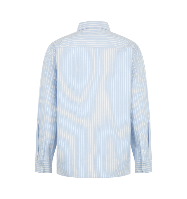 Image 2 of 2 - BLUE - Carhartt WIP Men's Long Sleeve Kanan Stripe Shirt is crafted from lightweight garment-washed Oxford cotton and features a loose-fit silhouette, an allover yarn-dyed stripe pattern, a button-front closure, and a button-down collar. Designed for everyday wear, it is finished with a chest pocket featuring embroidered C Logo detailing, contrast fabric at the inside back yoke and side seam gussets, and a back yoke for added structure. Main Material: 100% Cotton.