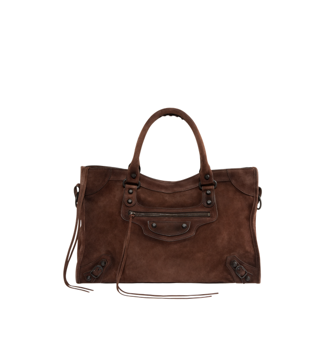 Image 1 of 3 - BROWN - BALENCIAGA Le City Bag Medium featuring waxed suede calfskin, two hand-braided handles, adjustable and removable shoulder strap, brass hardware, zipped closure with knotted leather puller, front zipped pocket with knotted leather puller, 1 inner zipped pocket and cotton canvas lining. 15.1" x 9.4" x 5.3". Handle drop: 6.1". Strap drop: 14.2". Calfskin, cotton. Made in Italy.