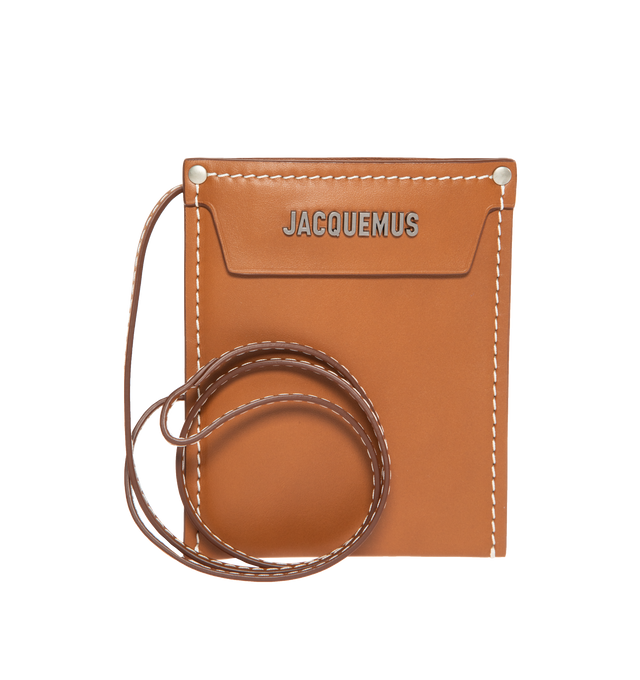 Image 1 of 3 - BROWN - JACQUEMUS Le Porte Poche Meunier featuring fixed shoulder strap, logo hardware at face, three card slots at back face, zip pocket at back face, patch pocket, logo-engraved gunmetal-tone hardware and contrast stitching. H5.75 x W4.75 in. 100% leather. Made in Spain. 