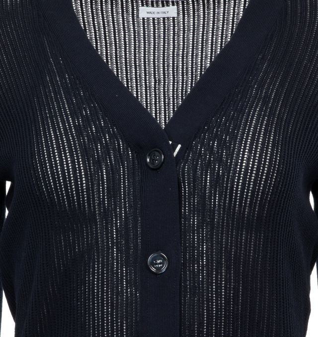 Image 3 of 3 - NAVY - THOM BROWNE Pointelle Stitch Cardigan featuring v-neck, front button closure  with striped grosgrain placket, stripe detailing on cuffs and hem and signature striped grosgrain loop tab. 70% cotton, 30% silk. 