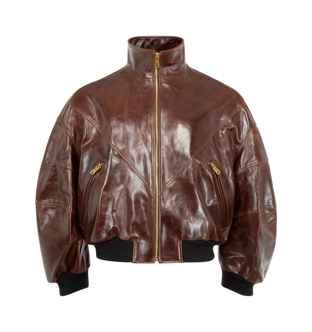 Image 1 of 1 - BROWN - WILLY CHAVARRIA Leather Ruff Rider Jacket featuring an oversized fit, stand collar, zip-front closure with branded hardware, front zip pockets and ribbed knit hem and cuffs. 100% lambskin leather.