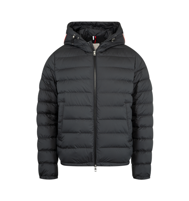 Image 1 of 3 - BLACK - MONCLER Vermeille Hooded Short Down Jacket featuring light micro lining, down-filled, adjustable hood with tricolor trim, zipper closure, pockets with button closure, inside zipped pocket and cuffs and hem with elastic trim. 100% polyester. Padding: 90% down, 10% feather.
