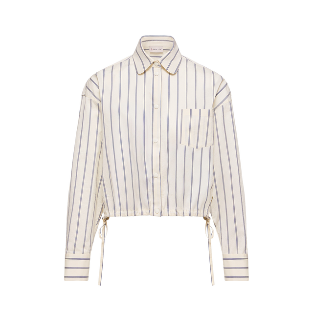 Image 1 of 1 - WHITE - Moncler Womens Striped Cotton Silk Voile Cropped Shirt is crafted from striped cotton silk voile and features a shirt collar, snap button-front closure, chest patch pocket, elastic drawstring hem, and a signature logo patch. This designer cropped shirt combines a lightweight cotton and silk blend with a relaxed silhouette for elevated everyday styling. Main Material: 80% Cotton, 20% Silk. Made in Romania.