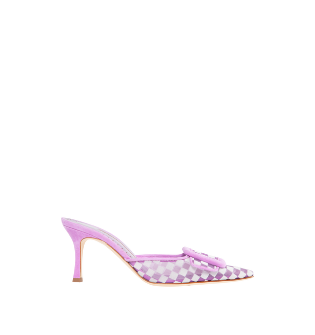 Image 1 of 4 - PURPLE - MANOLO BLAHNIK MAYSALEBI Purple Mesh Checkered Mules featuring checkered lilac mesh with suede edging and decorative buckle. Finished with stiletto low 50mm heel. Upper: 80% polyamide, 20% kid suede. Sole: 100% calf leather. Lining: 90% polyamide, 10% kid leather. Italian sizing. Made in Italy. 