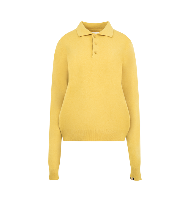Image 1 of 2 - YELLOW - EXTREME CASHMERE Be For Sweater featuring reinvented classic polo-neck cashmere sweater with three buttons to close, rib knitted at neck, cuffs and hem and long sleeves. 89% cashmere, 10% nylon, 1% elastane.
