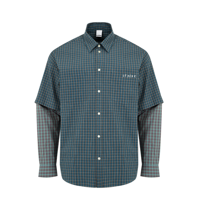 Image 1 of 4 - BLUE - LE PERE Detached Sleeve Button Down featuring cotton fabric made in Japan, oversized fit, paneled construction, dropped shoulders, detachable long sleeves in both contrast colorway and the same fabrics, spread collar, button closure, shirttail hem and an embroidered "le PRE" logo on the chest pocket. 100% cotton. Made in Italy.