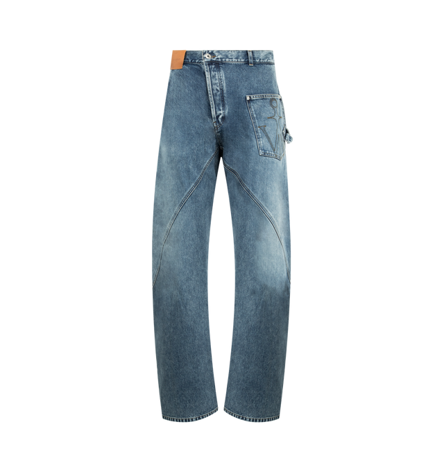 Image 1 of 3 - BLUE - JW ANDERSON Twisted Workwear Jeans featuring a workwear silhouette, diagonal seams at the legs, a patch pocket at the side, belt loops, side patch pocket, back patch pocket and zip fly with button closure. 100% cotton. Made in Italy.