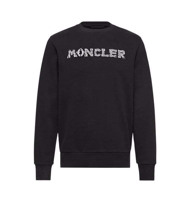 Image 1 of 2 - BLACK - MONCLER Cotton Blend Logo Sweatshirt featuring cotton fleece, crew neck and embroidered logo on front. Cotton.