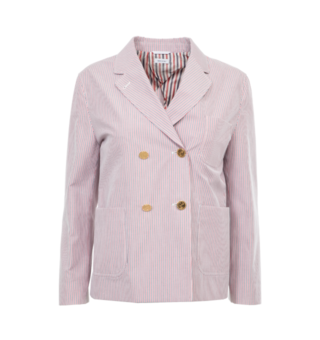 Image 1 of 3 - RED - THOM BROWNE Cropped Patch Pocket Sportcoat featuring RWB stripe, signature grosgrain loop tab, notched lapels, double-breasted button fastening, three-quarter length sleeves, buttoned cuffs, three front patch pockets and central rear ventcropped. 100% cotton.  