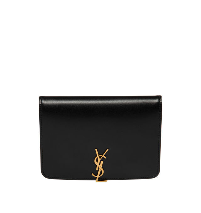 Image 1 of 3 - BLACK - Saint Laurent VOLTAIRE passport holder with inner card slots, decorated with the CASSANDRE. Featuring leather lining, bronze-toned hardware, two flat pockets, five card slots. Measures 5.3" x 3.9" x 0.8". Made in Italy.