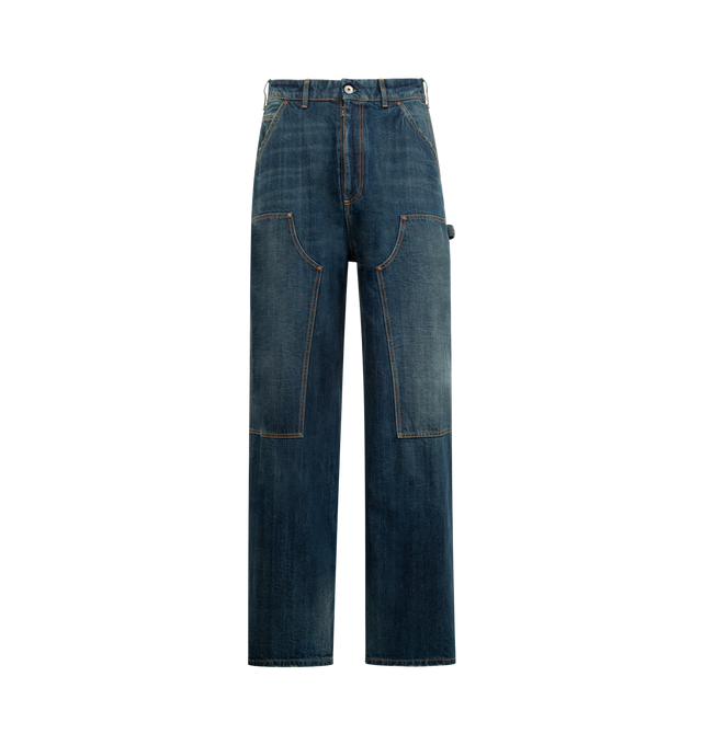 Image 1 of 3 - BLUE - MAISON MARGIELA Pants featuring zip fly with button closure, 4-pocket styling, reinforced knees, hammer loop and midweight canvas fabric. 100% cotton. Made in Italy.