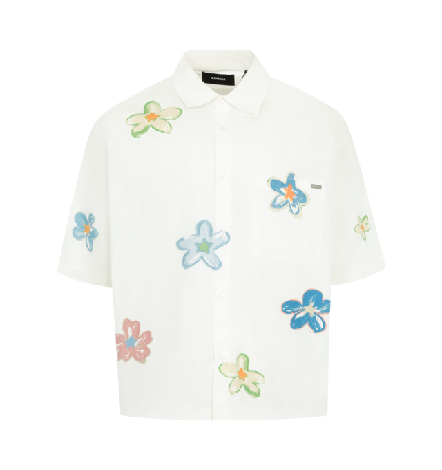 Image 1 of 4 - WHITE - NAHMIAS Super Bloom Cropped Shirt featuring front button closure, single chest pocket, midweight poplin fabric, spread collar and placed super bloom graphic. 100% cotton.