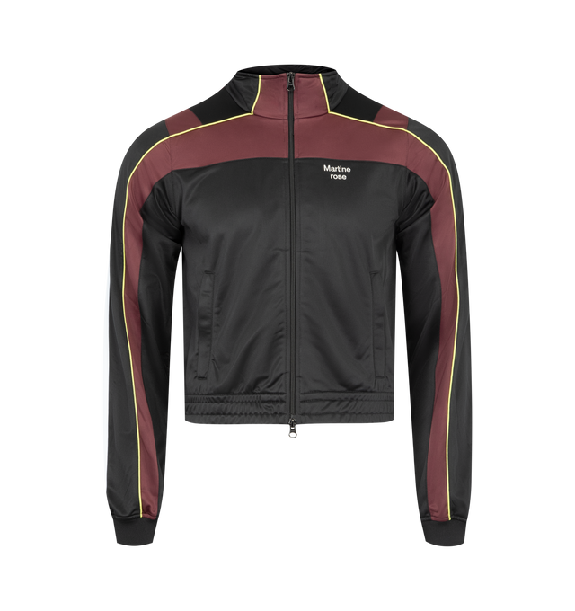 Image 1 of 3 - BLACK - MARTINE ROSE Shrunken Track Jacket featuring technical jersey track jacket, paneled construction, stand collar, zip closure, logo embroidered at chest, elasticized hem and cuffs and piping and stripes at sleeves. 100% polyester. Made in Portugal.
