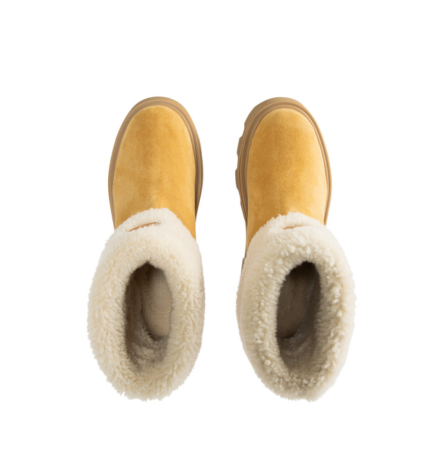 Image 4 of 4 - BROWN - MONCLER Aurea Mid Suede & Shearling Boots featuring suede and long-haired sheepskin upper, long-haired sheepskin insole, TPU sole with EVA filler and leather welt. Calf length 13 cm. Sole height 4 cm.