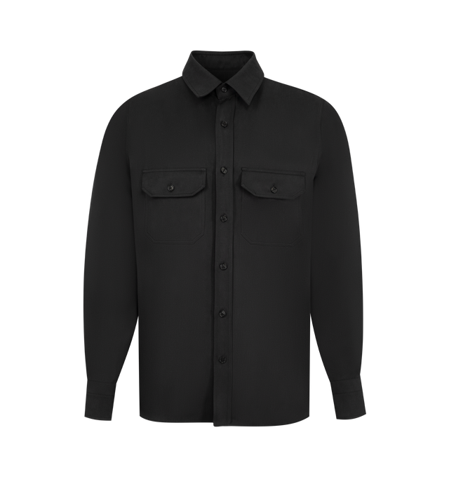 Image 1 of 2 - BLACK - Tom Ford Men's Silk Twill Military Shirt is crafted from luxurious silk twill and features a refined military-inspired design that balances elegance with relaxed wearability. Designed with a structured silhouette and elevated finish, this versatile shirt offers a sophisticated take on a utility classic. Main Material: 100% Silk.