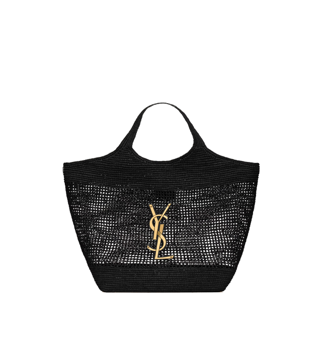 Image 1 of 5 - BLACK - SAINT LAURENT Icare Raffia Bag featuring maxi tote in natural raffia and vegetable-tanned leather, crocheted entirely by hand, cassandre on front, inner ties that allow the sides to be collapsed or expanded as desired, removable raffia sunglasses case affixed with a long chain and bronze-tone hardware. 14.621.7 X 16.9 X 2 inches. Handle drop: 8.7 inches. Raffia. Made in Madagascar.