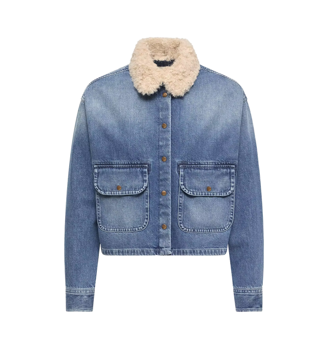 Image 1 of 1 - BLUE - Moncler Womens Teddy Trim Denim Shirt is crafted from cotton denim with a teddy collar. This cropped style features a snap-button front closure, chest patch pockets with snap-button flaps, and a logo patch at the sleeve. Collar: 100% Polyester; Base Fabric: 100% Cotton; Collar Lining: 100% Viscose. Made in Albania.