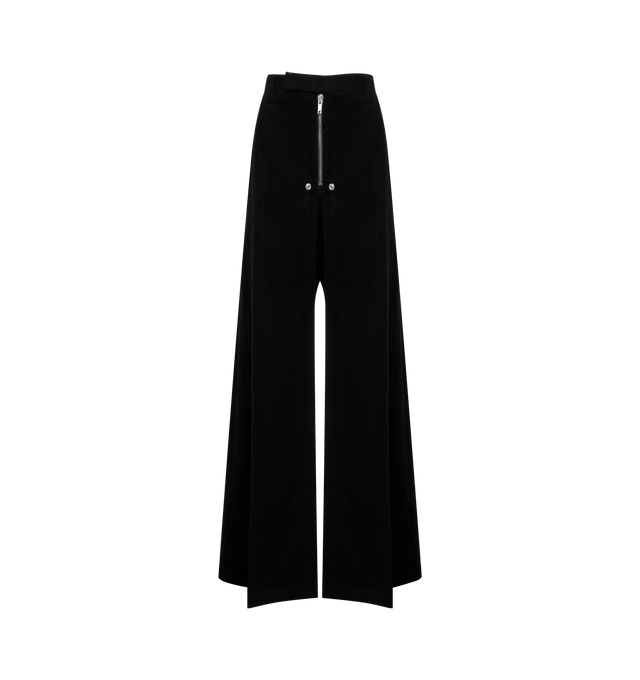 Image 1 of 3 - BLACK - RICK OWENS Tailored Wide Belas Pants featuring wide leg with front stretched pleat, exposed zip and hook closure, two side slit pockets and back pockets. 81% cotton, 19% wool. Made in Italy.