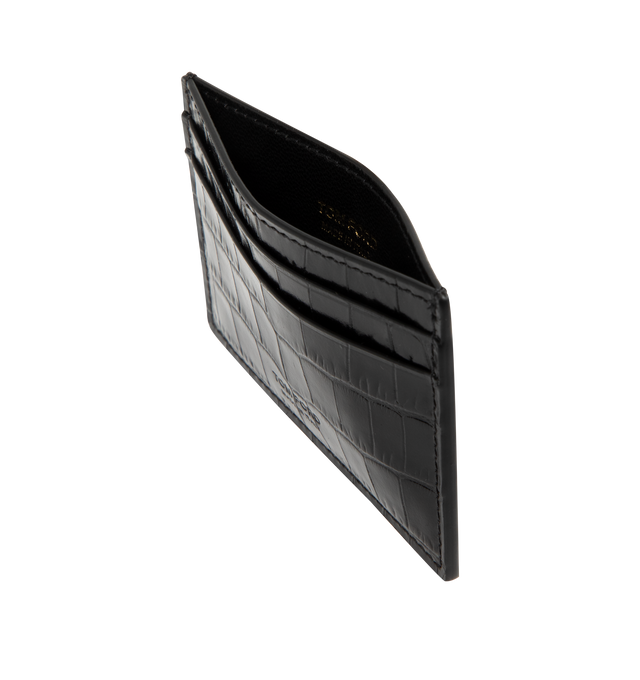 Image 3 of 3 - BLACK - TOM FORD Croc Effect Leather Card Holder featuring logo embossed at face, four card slots, central note slot and buffed sheepskin lining. H2.75" x W4". 100% calfskin. Made in Italy.