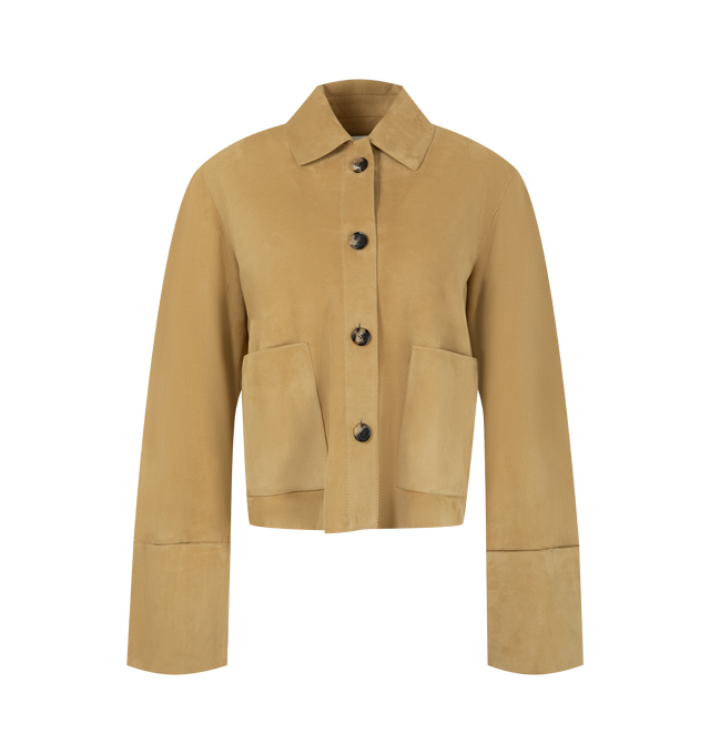 Image 1 of 3 - NEUTRAL - Loewe Women's suede lambskin and features a classic collar, front button closure, patch pockets, and turn-up cuff sleeves in a regular-fit silhouette. This designer suede jacket combines supple lambskin construction with timeless tailoring for elevated everyday layering. Main Material: Suede Lambskin. Made in Spain.