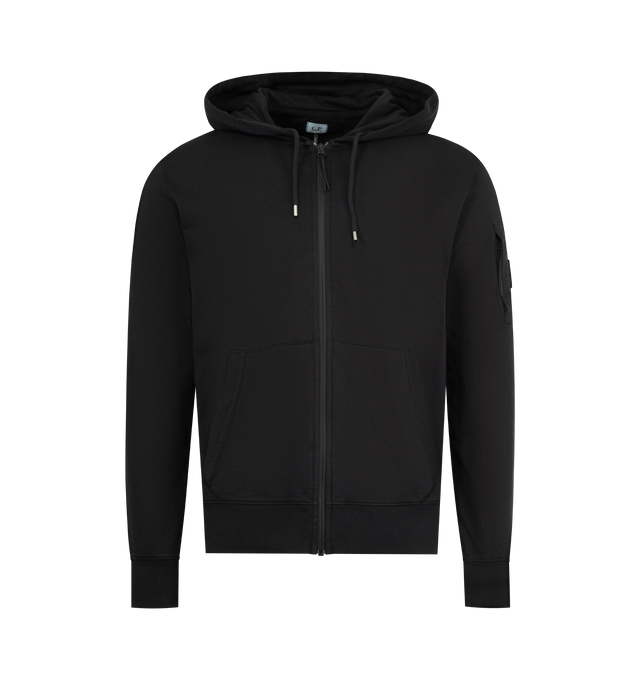 Image 1 of 3 - BLACK - C.P. COMPANY Light Fleece Zip Hooded Lens Sweatshirt featuring adjustable drawstring hood, full zip fastening, lens detail, kangaroo pocket, ribbed cuffs and hem, garment dyed and regular fit. 100% cotton. Made in Italy.