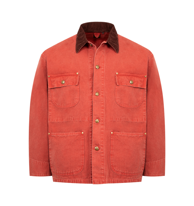 Image 1 of 3 - RED - ORSLOW Relax Fit Oxford Coverall featuring a relaxed silhouette, coverall cut, utility pocketing, button closure and contrasting collar. Made in Japan.